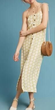 Faithfull the Brand Arrieta Daisy Midi Dress Yellow Split Button Front Size 4